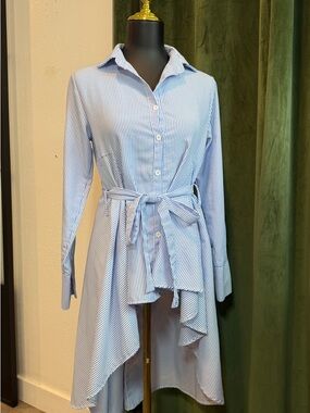 Source Unknown Blue & White Striped High-Low Shirt Dress with Tie